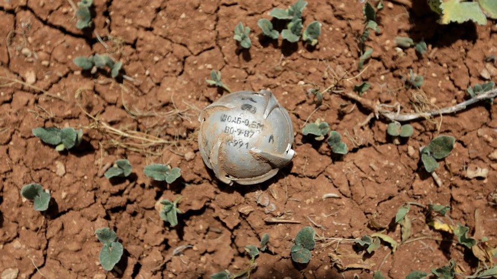 A cluster bomb is pictured on the ground of a field in al-Tmanah town in southern Idlib countryside, Syria (21 May 2016)