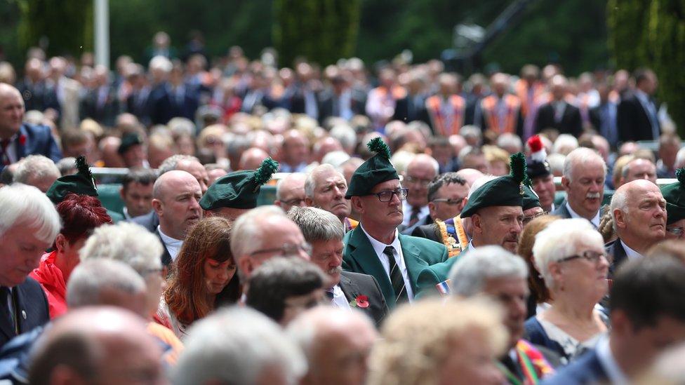 Crowds of people at the Ulster Tower in Thiepval