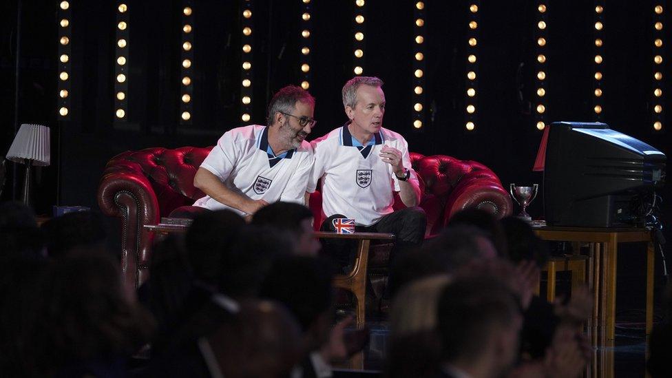 David Baddiel and Frank Skinner, on stage at the 鶹Լ Sports Personality of the Year, about to perform 'Three Lions'