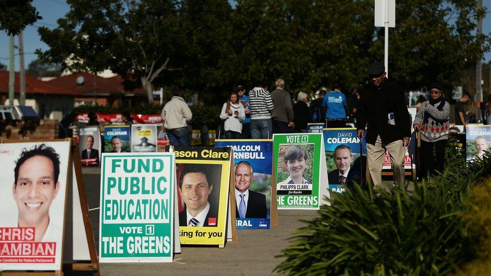 A series of campaign posters outside a polling station