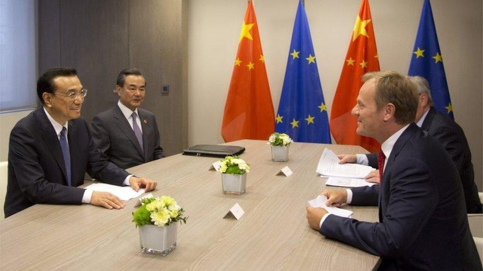 China"s Premier Li Keqiang (L) and EU Council President Donald Tusk (R) hold a bilateral meeting prior to the 17th bilateral EU China summit at the EU Council headquarters in Brussels, Belgium, 29 June 2015.