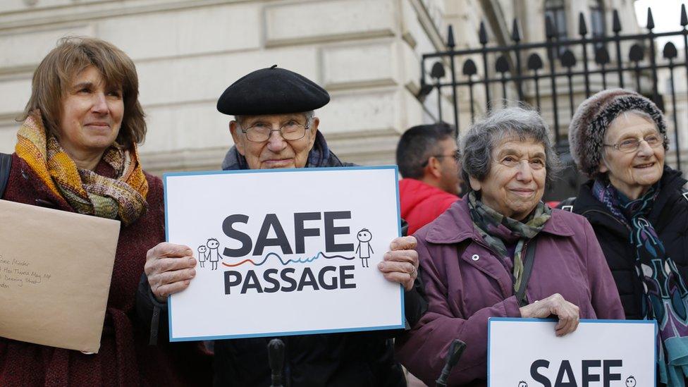 Barbara Winton outside Downing Street with former child refugees.