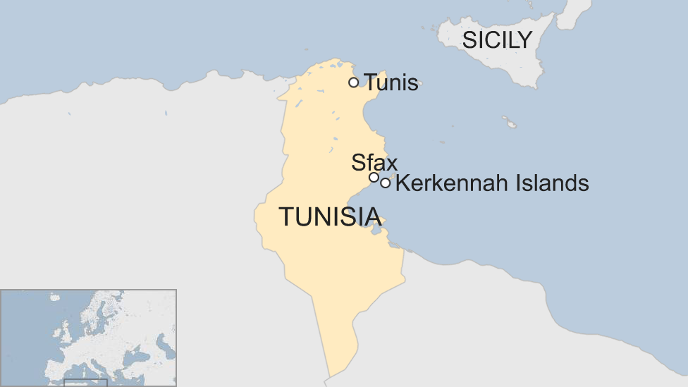 Map showing the location of the Kerkennah islands and the city of Sfax in relation to Tunisia's capital Tunis and the Italian island of Sicily