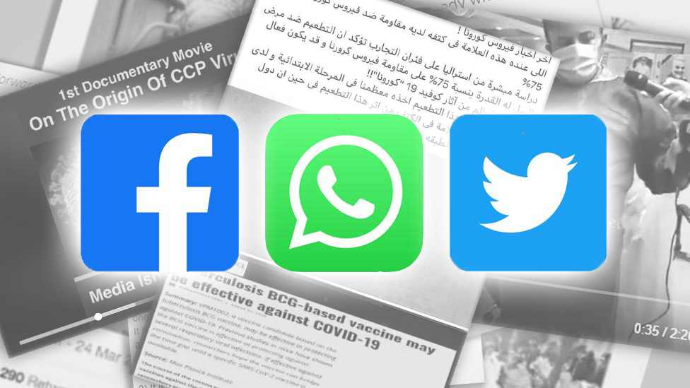 Stacks of screenshots with Facebook, WhatsApp and Twitter logos on top