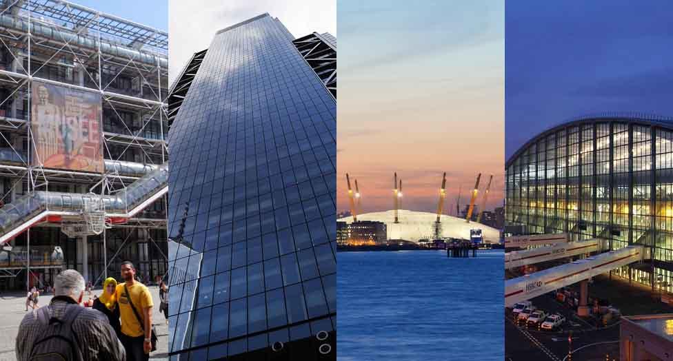 Pompidou Centre, 3 World Trade Center, Millennium Dome and Terminal Five at London's Heathrow Airport