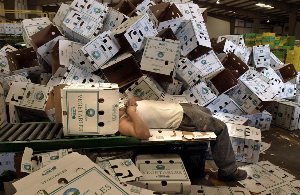 A worker rests at one of many produce packing facilities in Colquitt County, Georgia. During the peak harvest times there can be up to 10,000 migrant farm workers in the county (2003)