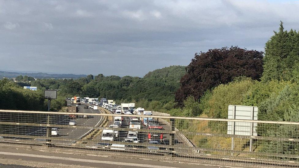 Traffic queuing on the M4 at Cardiff