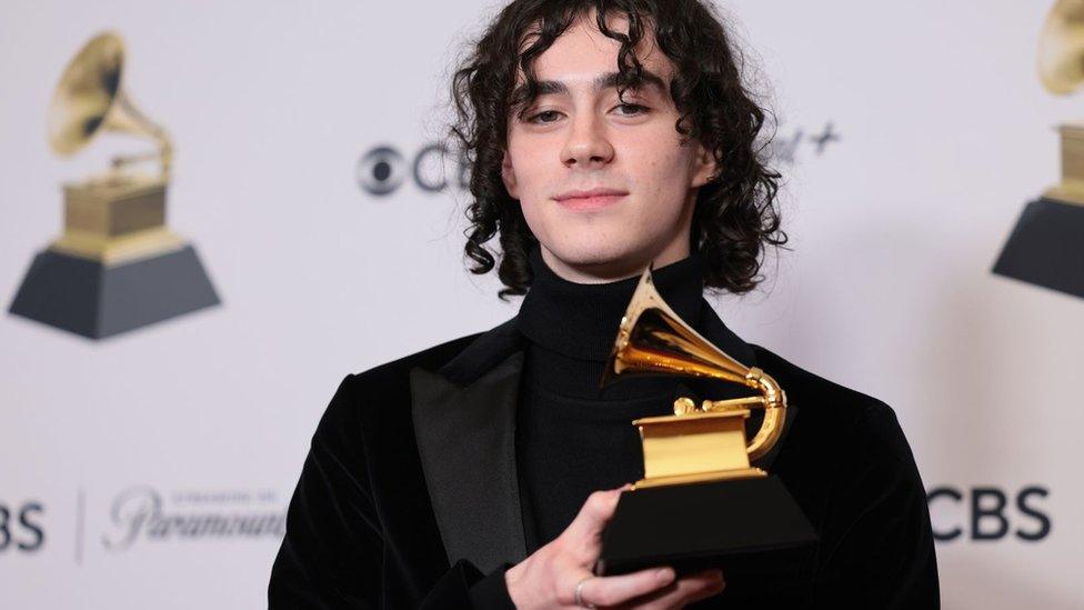 Blair Ferguson poses in the press room during the 66th annual Grammy Awards