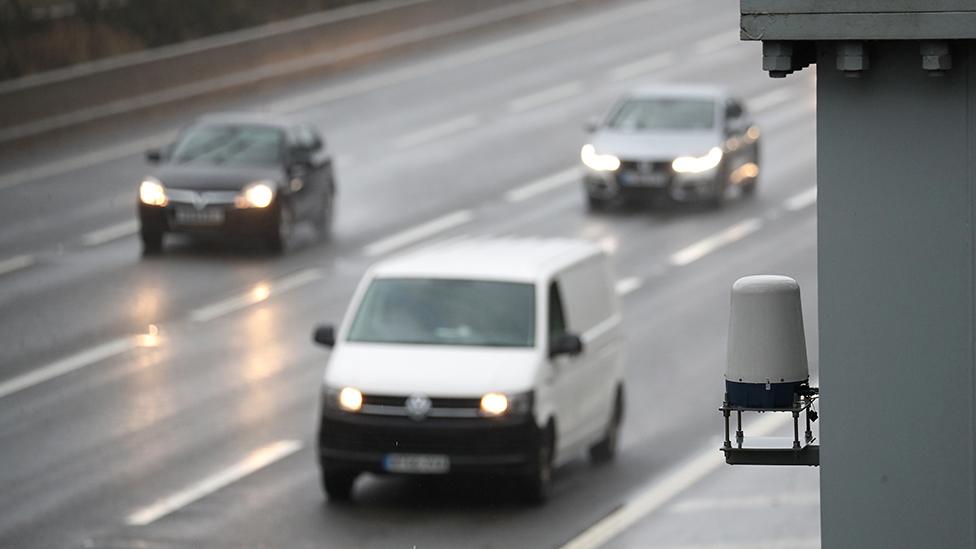 Vehicles passing a Stopped Vehicle Detection radar sensor mounted adjacent to the southbound carriageway near Bagshot in Surrey