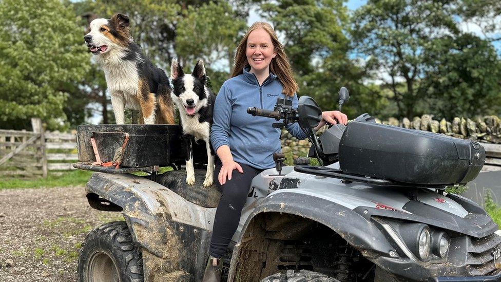 A woman sits on a quadbike with two collies