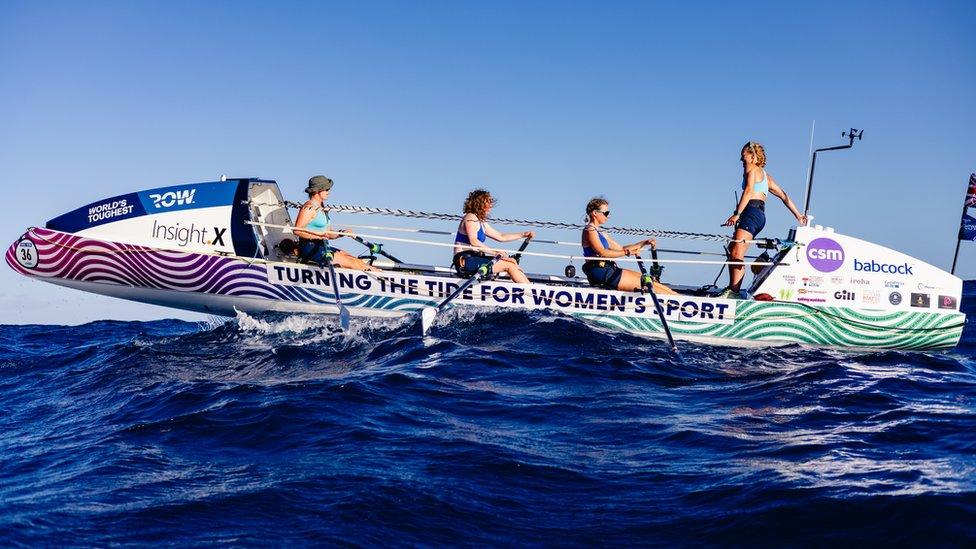 The There She Rows team rows 3,000 miles across the Atlantic Ocean, in a record-breaking 39 days, 12 hours and 25 minutes