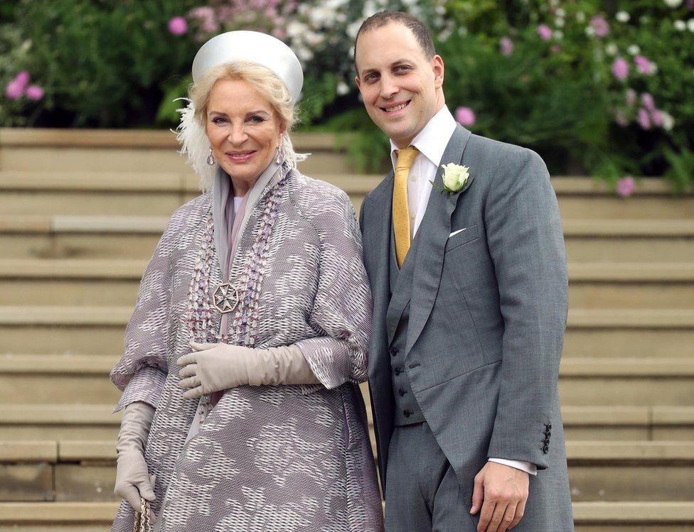 Princess Michael of Kent and Lord Frederick Windsor arrive at the wedding of Lady Gabriella Windsor