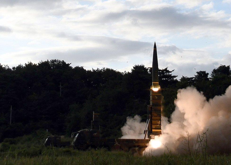 A South Korean Hyunmoo-II missile being fired toward the East Sea, at an undisclosed location, South Korea, 15 September 2017