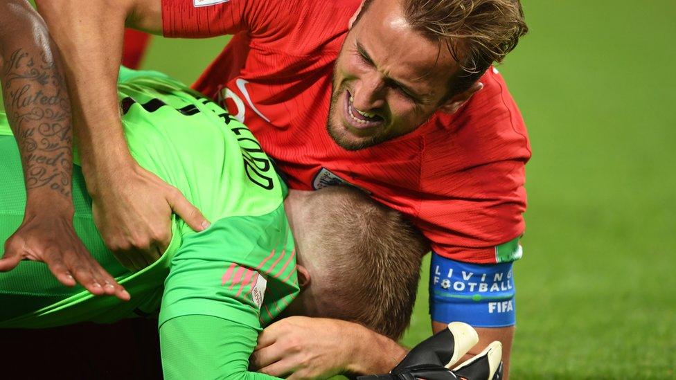 Harry Kane and Jordan Pickford of England celebrate their side's victory after the penalty shoot out in the 2018 FIFA World Cup Russia.