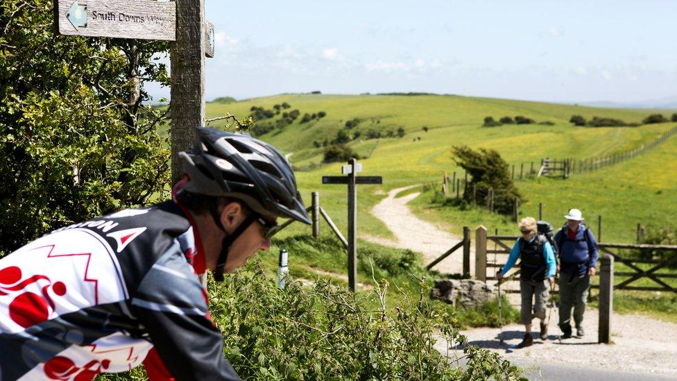 Cyclist and walkers on the South Downs Way