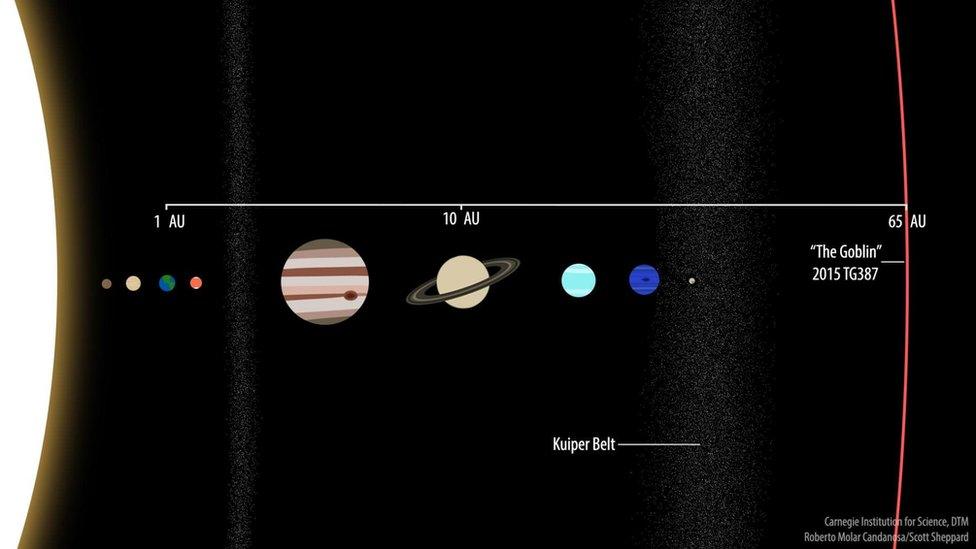 An illustration shows the orbit of the new object 2015 TG387, nicknamed the Goblin, as compared to the rest of the solar system.