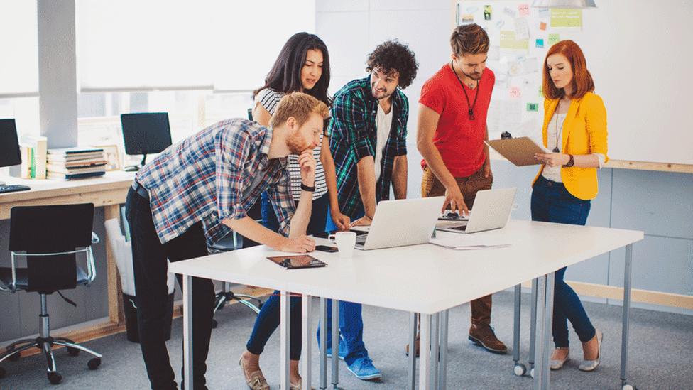 Women and men in office on laptops