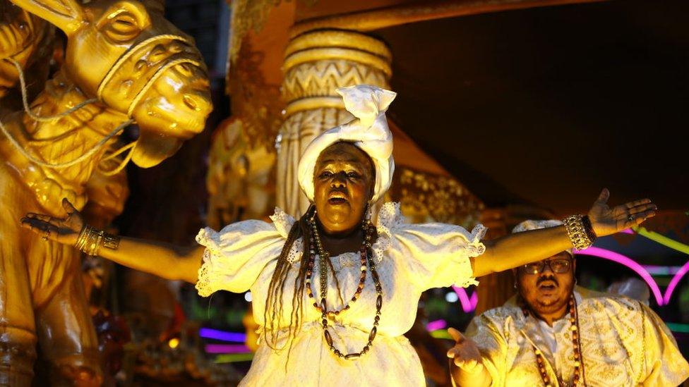 Members of Grande Rio samba school during the Special Group Parade on day four of the Rio de Janeiro 2022 Carnival at Marques de Sapucai Sambodrome on April 24, 2022 in Rio de Janeiro, Brazil.