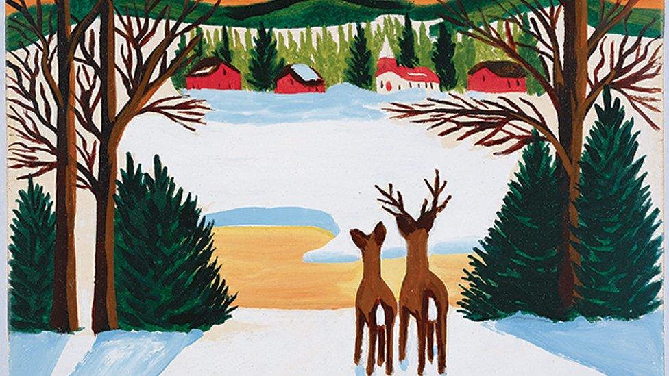 Painting of deer in winter by Maud Lewis.