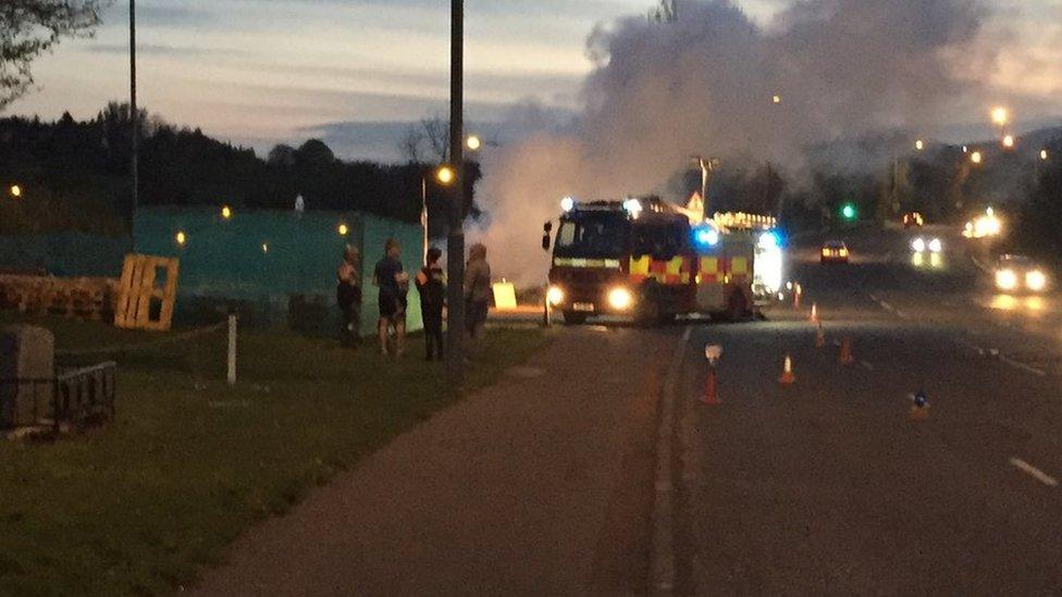 Bonfire at Shaw's Bridge after being set on fire prematurely