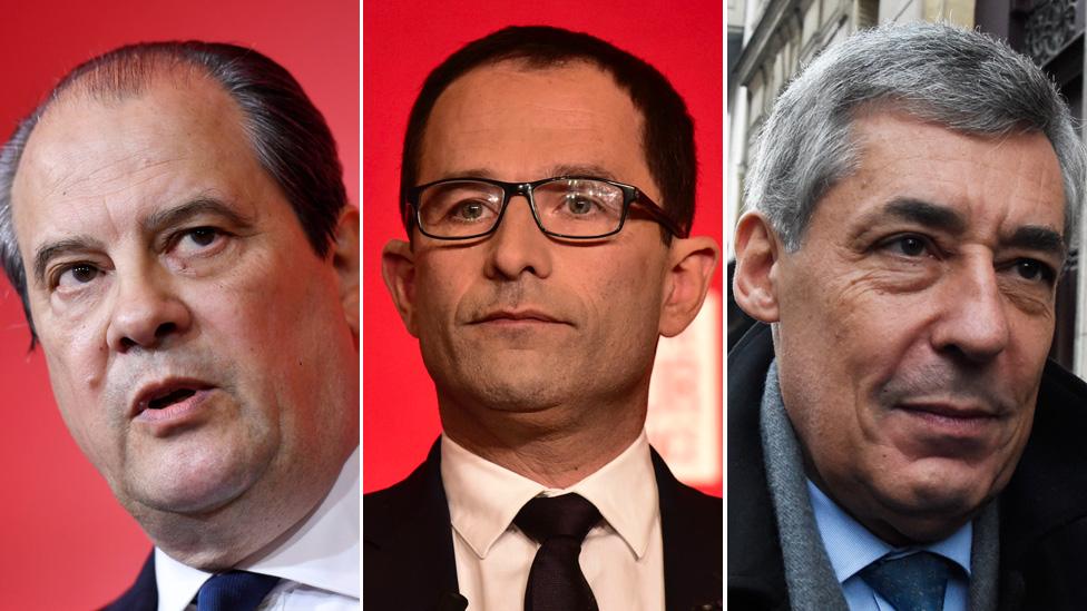 L-R: Jean-Christophe Cambadélis, Benoît Hamon and Henri Guaino