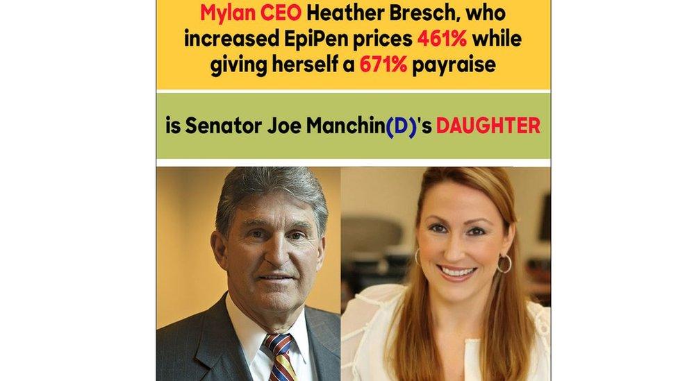 A graphic explains that the CEO of Mylan who makes EpiPens is related to a Senator.