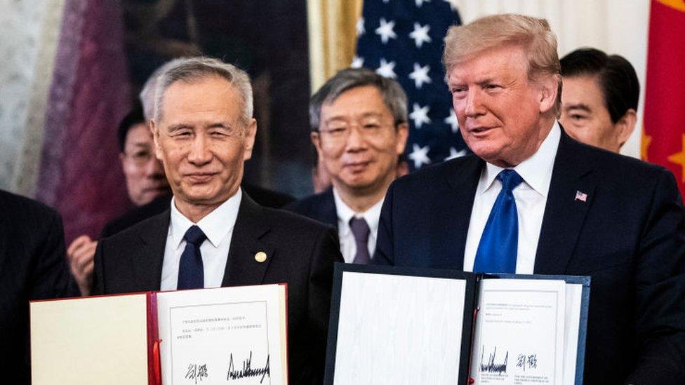 President Donald J. Trump signs a trade agreement with Chinese Vice Premier of the People's Republic of China, Liu He in the East Room at the White House on Wednesday, Jan 15, 2020 in Washington, DC.