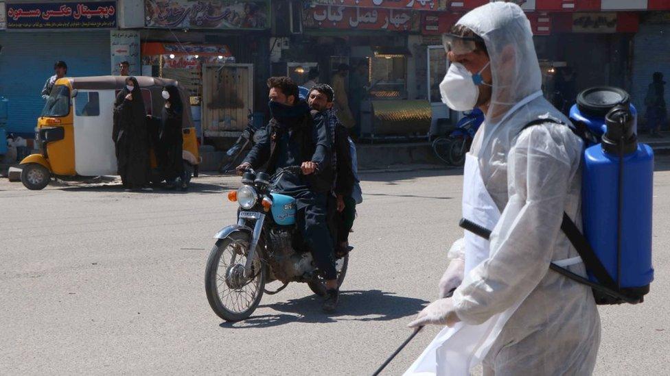 Afghan worker sprays disinfectants at public areas in Herat, Afghanistan, 01 April 2020