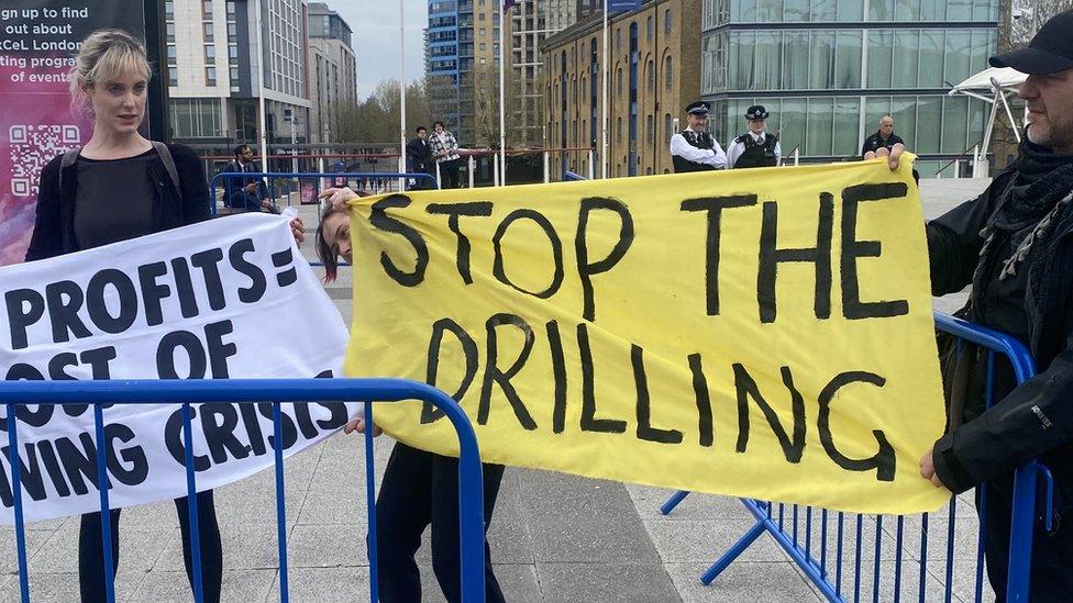 Protesters outside BP's annual general meeting at the ExCel centre in Custom House, east London.