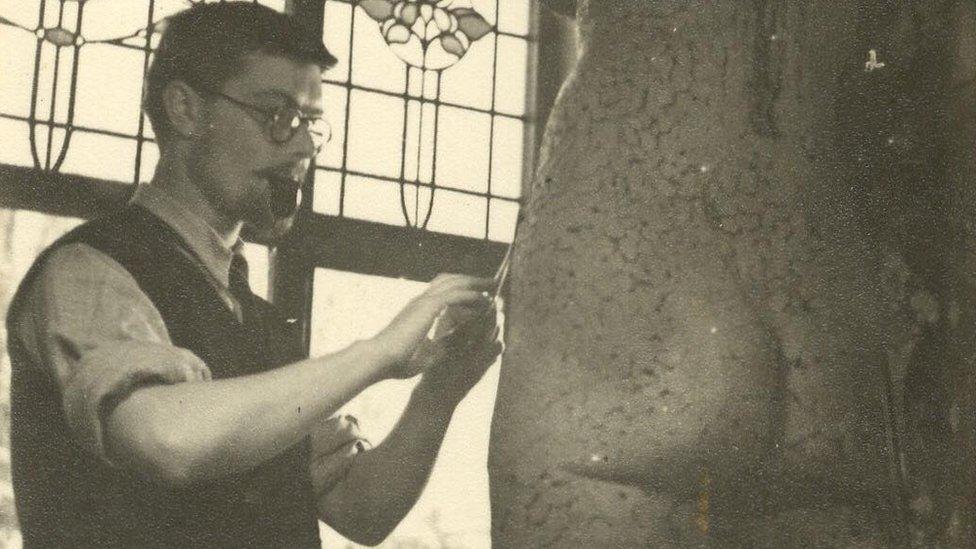 Eddie Hawking working on a sculpture at Northern School of Art circa 1954-55