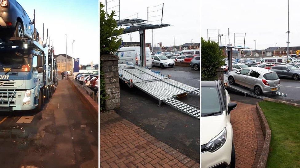 Car transporter on pavement