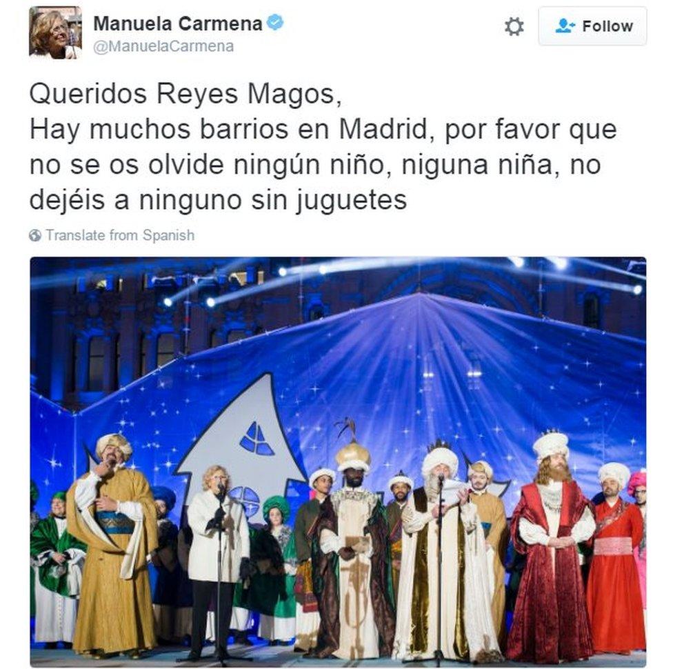 Tweet from Madrid mayor Manuela Carmena reads: "Dear Three Kings: There are a lot of neighbourhoods in Madrid, please don't forget any boy, any girl, don't leave any child without a toy"