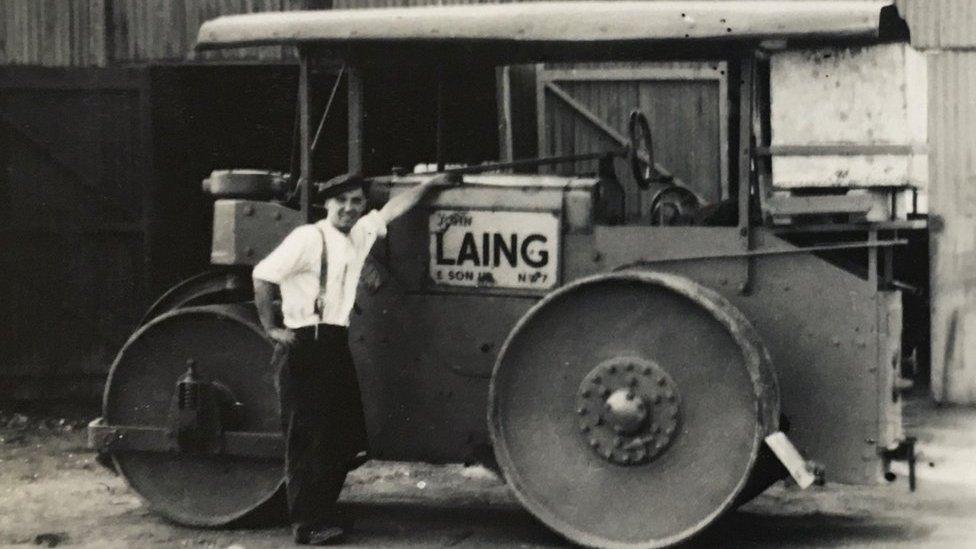 A steamroller used in the construction of the base