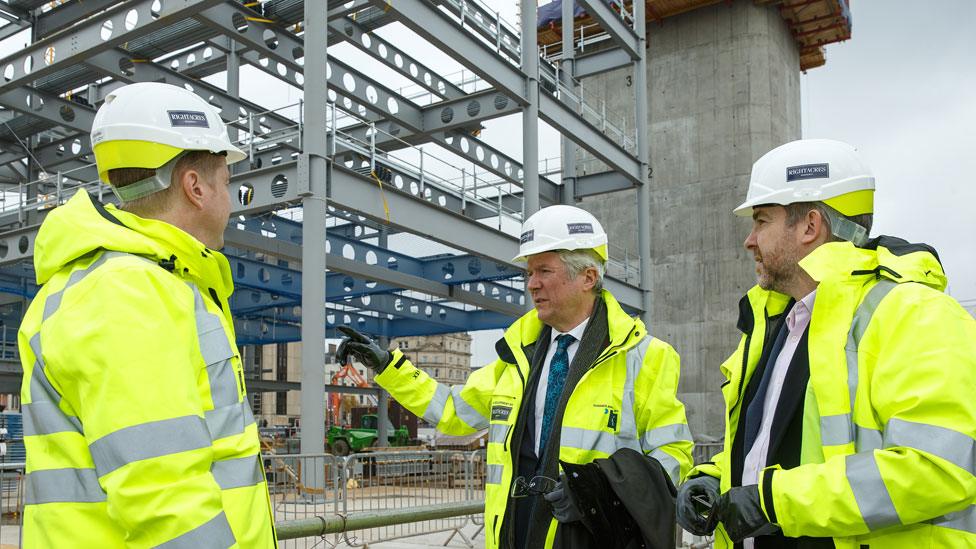 Lord Hall (centre) with Cardiff Council leader Phil Bale (left) and BBC Wales director Rhodri Talfan Davies on a visit to the new BBC Wales HQ building site in Cardiff city centre on Tuesday