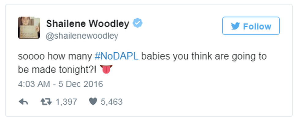 A tweet reads: "soooo how many #NoDAPL babies you think are going to be made tonight?! 👅"