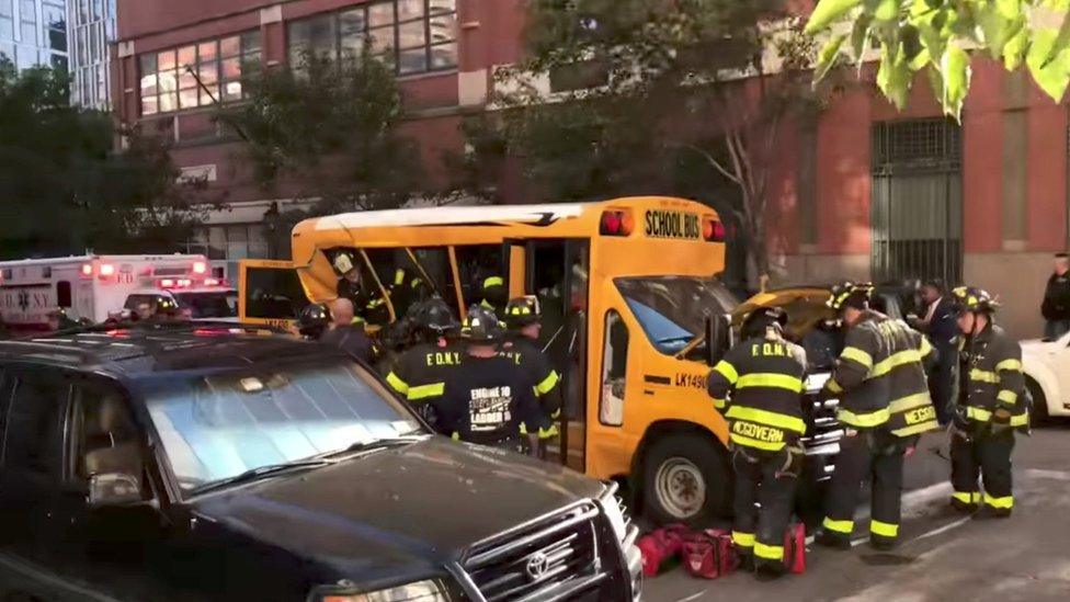 School bus damaged in the truck attack in New York City