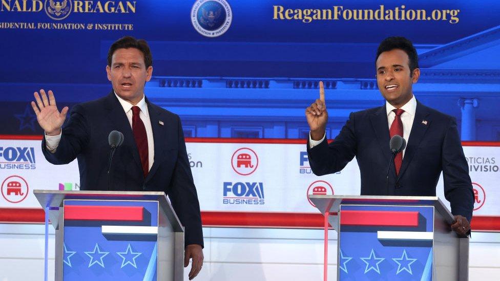 Republican presidential candidates (L-R) Florida Gov. Ron DeSantis and Vivek Ramaswamy