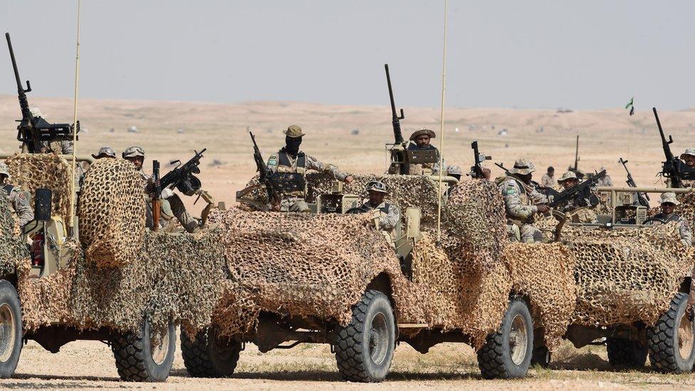 Special forces perform during the Northern Thunder military exercises in Hafar al-Batin, north-east of Riyadh, on 10 March 2016