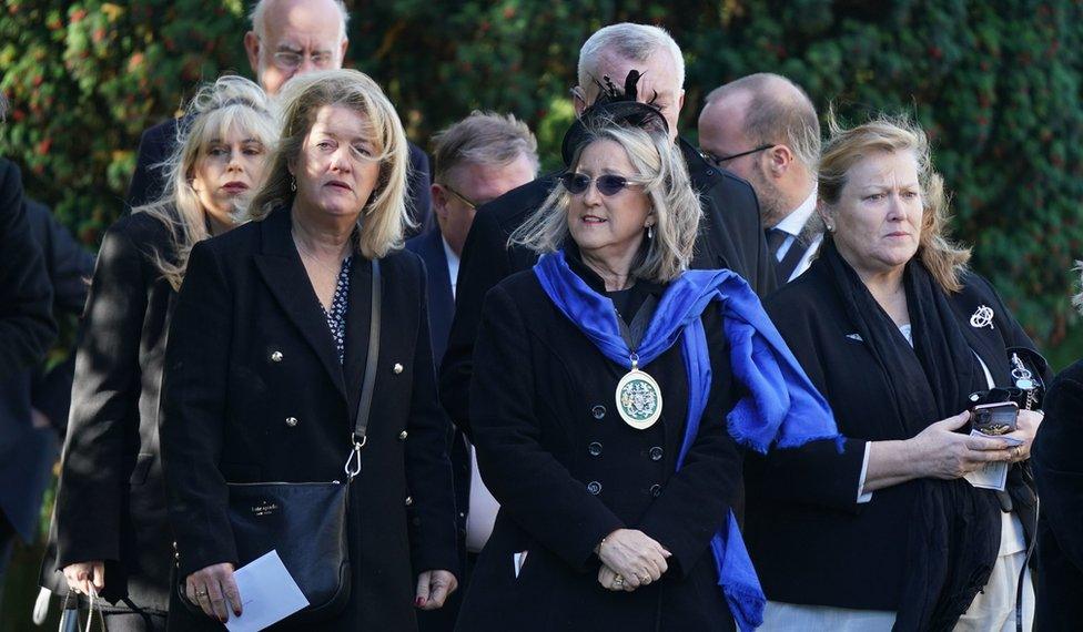 Mourners arrive ahead of the memorial service for Sir David Amess at St Mary"s Church in Prittlewell, Southend