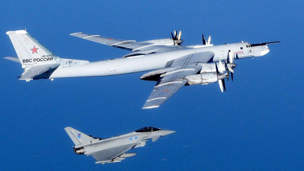 UK Typhoon fighter intercepting Russian Tupolev Bear bomber, Sept 2014