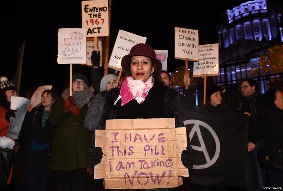 Pro Choice activists rally outside City Hall on January 15, 2016 in Belfast, Northern Ireland.