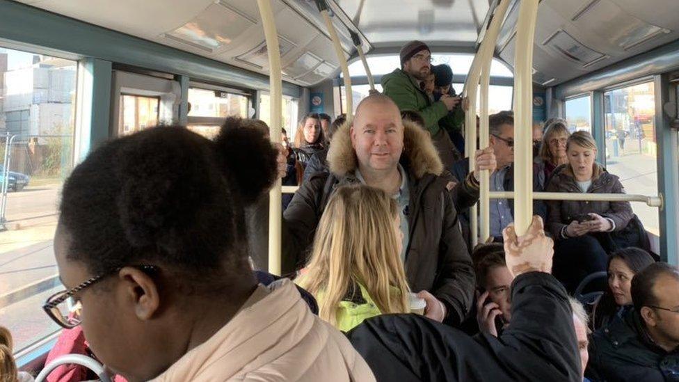 A packed rail replacement bus