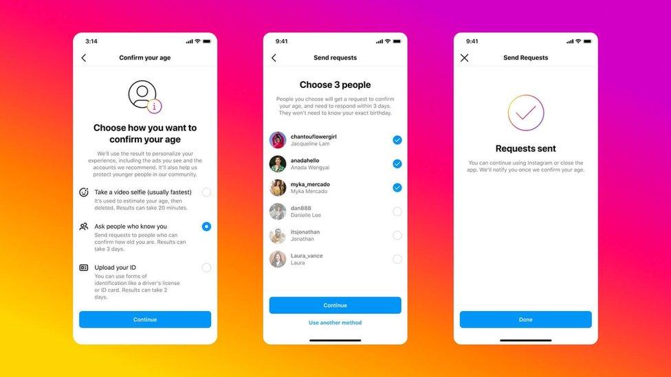 Meta graphic shows how the social vouching age verification process will look on the Instagram app