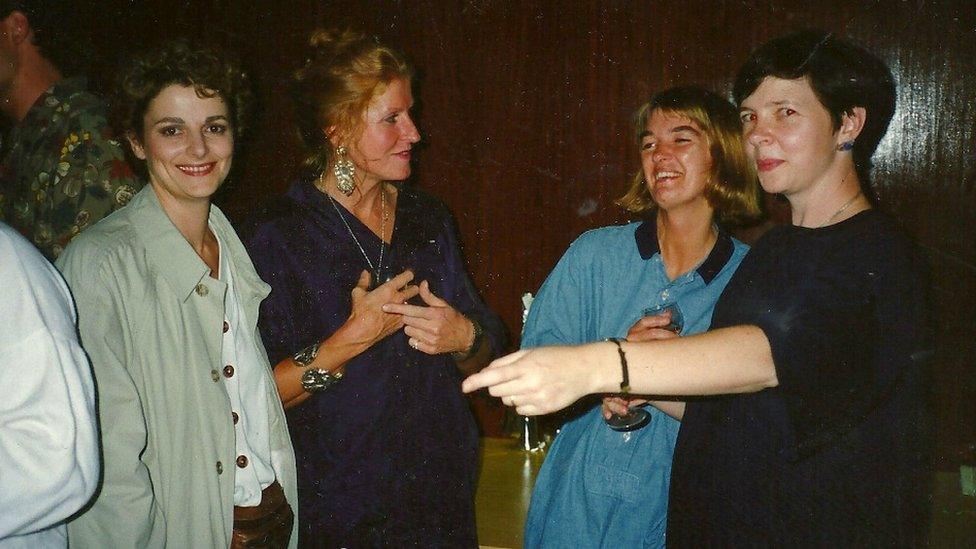 Gillian Bevan (Dr Pascoe), Caroline Nobel (make-up), Charlotte Blair (PA) and Lesley Manning (director) at a gathering on the day of the Ghostwatch wrap