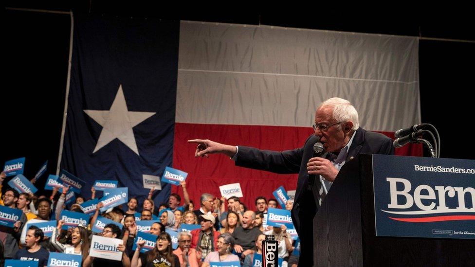 Democratic presidential hopeful Vermont Senator Bernie Sanders gestures as he speaks during a rally at the Abraham Chavez Theatre on February 22, 2020 in El Paso, Texas