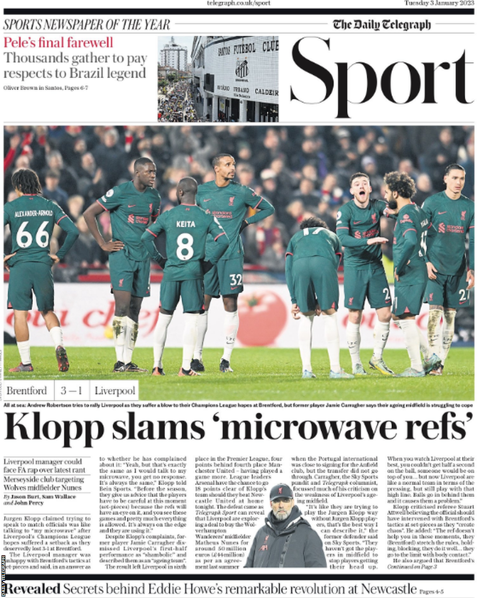Main sport page of the Daily Telegraph on 3 January 2023
