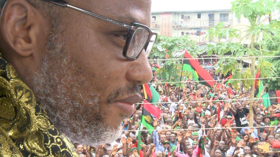 Leader of Indigenous People of Biafra (IPOB) Nnamdi Kanu greets supporters in Umuahia