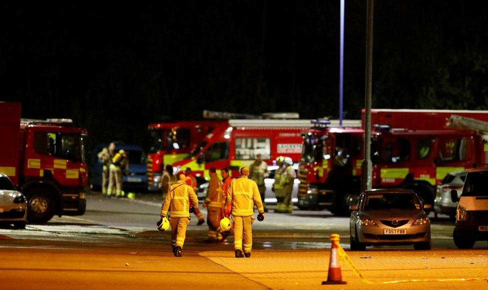 October 27, 2018 Firefighters at the scene of where the helicopter belonging to Leicester City owner Vichai Srivaddhanaprabha crashed outside the King Power Stadium