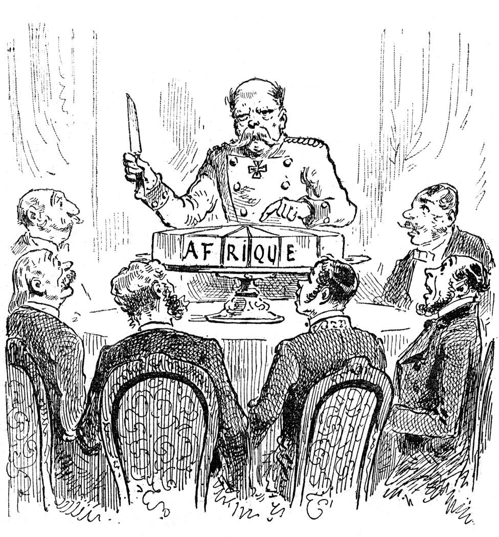 A French cartoon from 1885 showing German Chancellor Otto von Bismarck and fellow European leaders wielding a knife over a sliced up cake, marked "Africa"