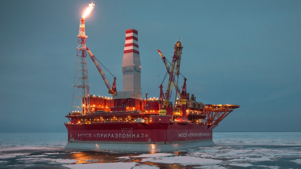 Gas being flared on an oil platform in the Pechora Sea, in the Arctic circle